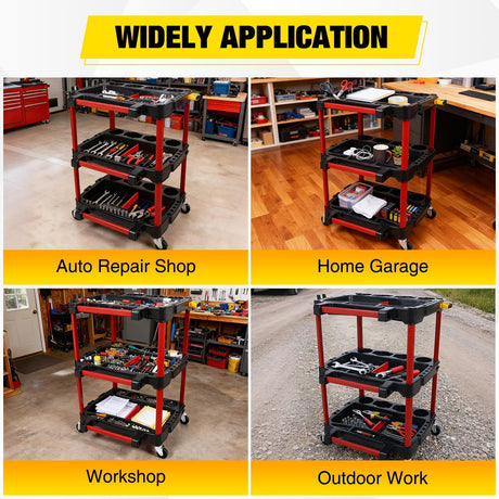 3-Tier Car Detailing Cart with Polisher Brackets - Rolling Utility Plastic Cart with Organizer & Hooks - Heavy Duty Mobile Tool Station