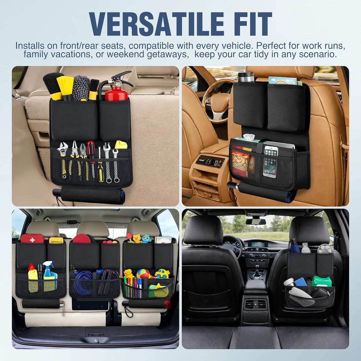 Car Seat Back Organizer 2PCS Black Oxford Fabric Universal | Multi Compartment Cup Holder Hanging Storage Bag Scratch Resistant Durable Design for Cars Vans SUVs MPVs Pickup Trucks