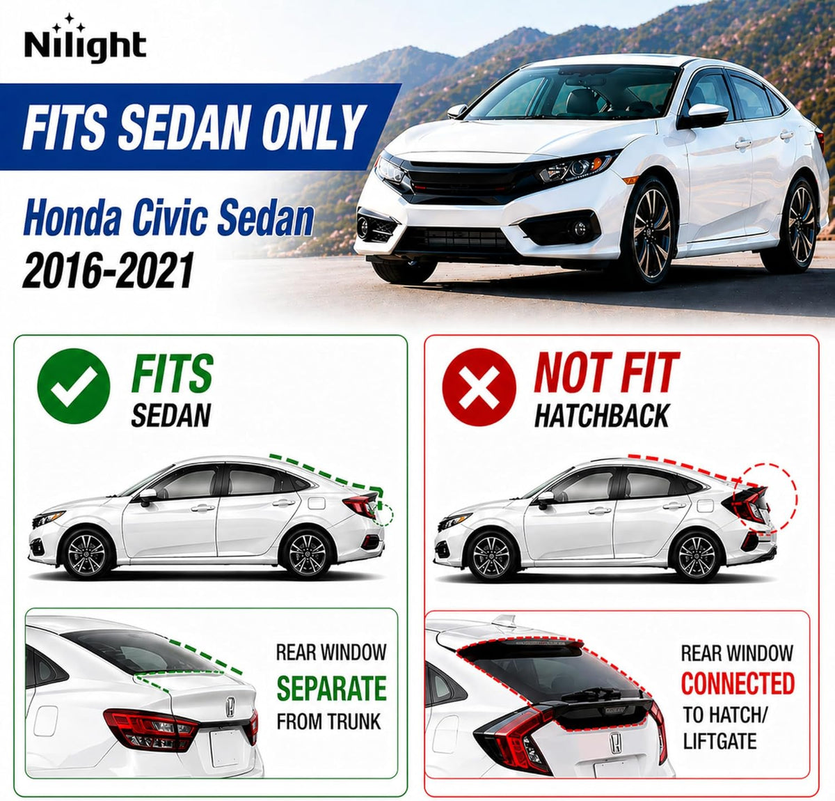 Tape-On Rain Guards for Honda Civic Sedan 2016-2021, 4PCS | Not for Hatchback, Side Window Visors for Fresh Air Circulation, Civic Sedan 2016 2017 2018 2019 2020 2021, Smoke Tinted