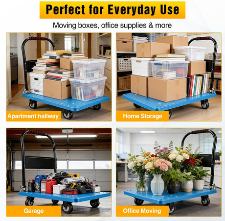 Platform Cart 880 lbs Heavy Duty Push Cart Dolly with 5 Inch TPR Wheels 36 x 24 Inch PP Deck Flatbed Cart Platform Truck for Home Garage Warehouse Use Black