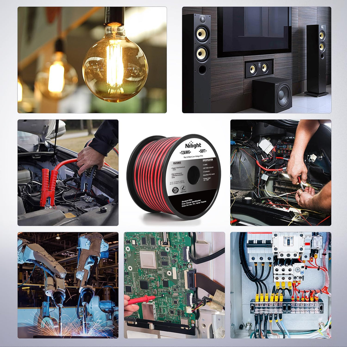 12AWG 50FT Copper Clad Aluminum Wire 12-2 Gauge Red Black CCA Electrical Cable 2 Conductor Parallel 12V 24V DC Flexible Extension Cords Nilight