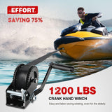 Boat Trailer Winch 1200 Lbs Hand Crank Winch Heavy Duty Boat Winches with 23Ft Strap Rope Hook 2-Way Ratchet 4:1 Gear Portable Marine Manual Winch for Trailers Boats RV ATV Jet Ski Towing