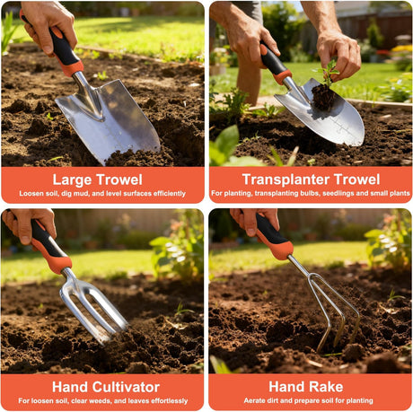 Gardening Tools 9-Piece Heavy Duty Garden Tool Set Gardening Supplies Gifts for Women Men Gardening Hand Tool Kit with Non-Slip Ergonomic Handle, Garden Bag, Durable Gloves and Shears, Orange