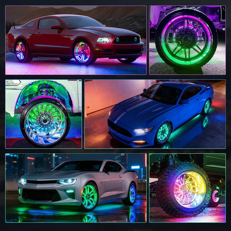 4PCS 17.5inch Double Row Wheel Ring Lights Dream Color with APP and Remote Control Neon Lights w/Turn Signal and Braking Function Dual Row for Car Van SUV Truck