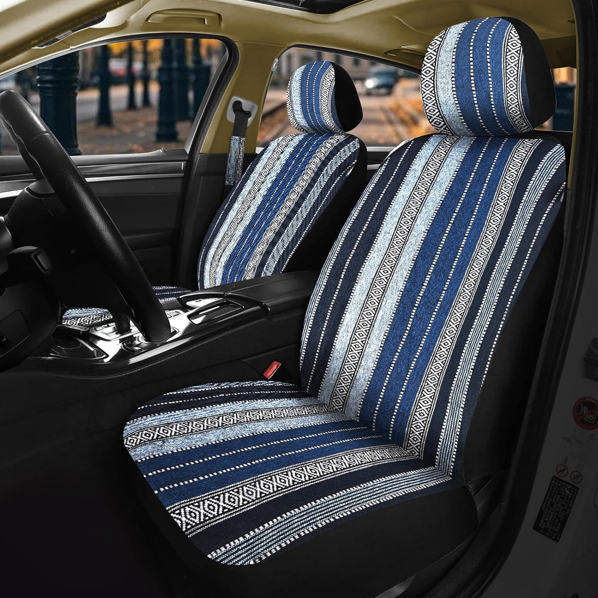 Car Seat Covers 2PCS Blue Baja Blanket Universal Front Seats | Striped Woven Fabric Breathable Washable with Shoulder Pads Airbag Compatible Fits Cars SUVs Trucks