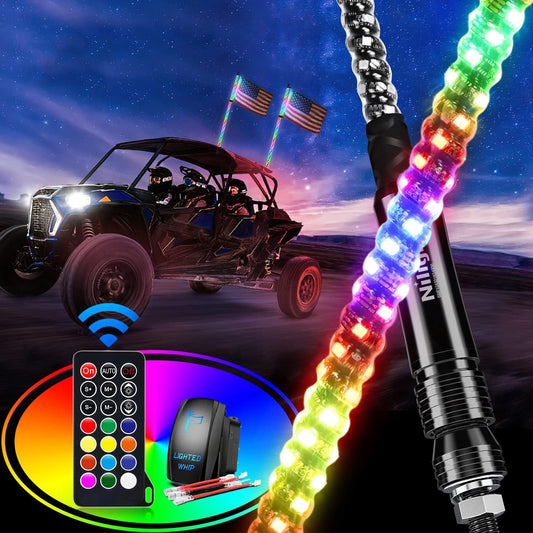 2Pcs 3FT Spiral Antenna Led Whip Light RF Remote Control | 8.6FT Wire 5Pin Switch Nilight