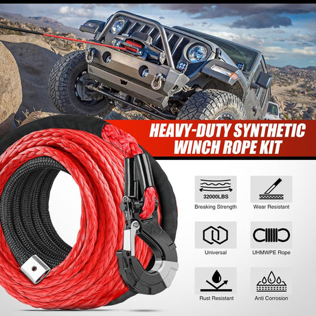 1/2 Inch Synthetic Winch Rope 85 Feet 32,000 lbs Line Cable Kit With Thimble Protective Sleeve Forged 35000lb Hook Universal for SUV 4WD Off Road Vehicle Truck ATV UTV, Red & Black
