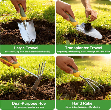 Gardening Tools 9-Piece Heavy Duty Garden Tool Set Gardening Supplies Gifts for Women Men Gardening Hand Tool Kit w Non-Slip Ergonomic Rubber Handle, Durable Garden Bag, Pruning Shears, Green
