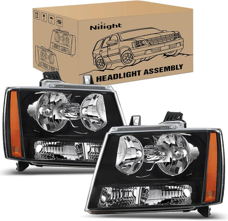 Headlight Assembly for 2007 2008 2009 2010 2011 2012 2013 2014 Chevy Avalanche Tahoe Suburban 1500 2500 Replacement Headlamp Bumper Lamp Set Black Housing Amber Reflector