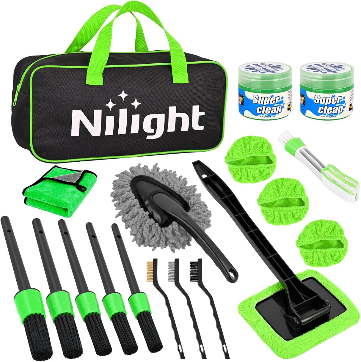 Automotive Tools 15PCS Car Detailing Kit Auto Cleaning Tools Wash Set with Storage Carry Bag Beginners Easy to Use for Interior Exterior Car Care Clean Windshield Dashboard Seat Air Vents Wheels Tires, Green