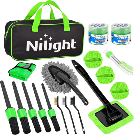 Automotive Tools 15PCS Car Detailing Kit Auto Cleaning Tools Wash Set with Storage Carry Bag Beginners Easy to Use for Interior Exterior Car Care Clean Windshield Dashboard Seat Air Vents Wheels Tires, Green