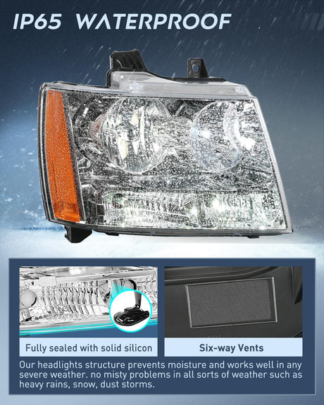 Headlight Assembly for 2007 2008 2009 2010 2011 2012 2013 2014 Chevy Avalanche Tahoe Suburban 1500 2500 Replacement Headlamp Bumper Lamp Set Chrome Housing Amber Reflector