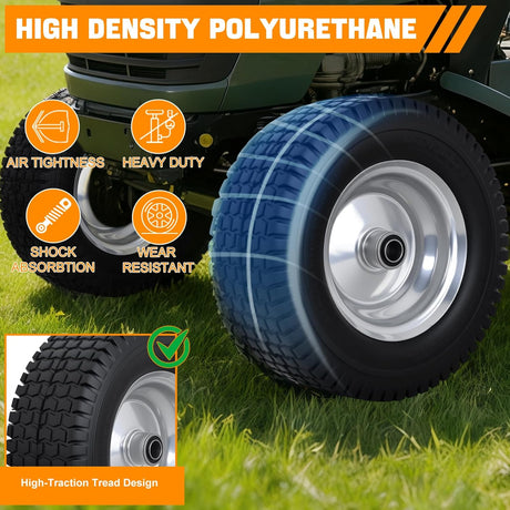 13x5.00-6 Solid Lawn Mower Tires, 13 Inch Flat-Free Polyurethane Tire with 3/4 Inch Axle Bore & 3 Inch Hub Length, Airless Replacement Wheels for Riding Lawn Mowers, 2 Pack