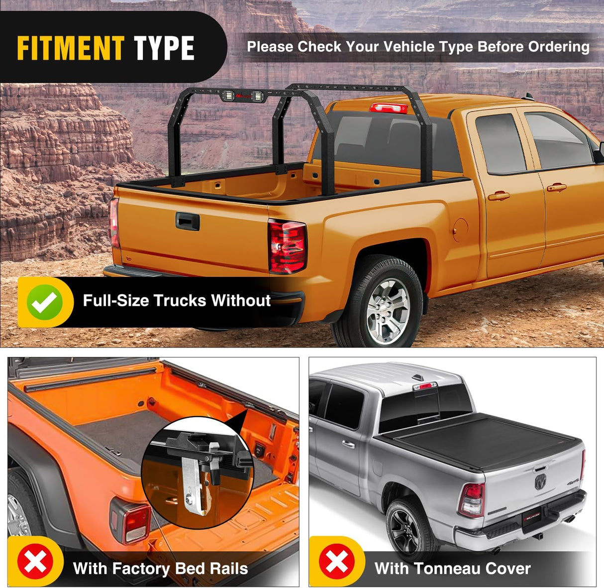 Adjustable 27-30 Inch High Truck Ladder Bed Rack Compatible with Tacoma/Tundra/Ram 1500/ Silverado/Sierra 1500/ F150/ Gladiator JT/Titan/Frontier/Colorado/Canyon/Ranger with 2 LED Lights