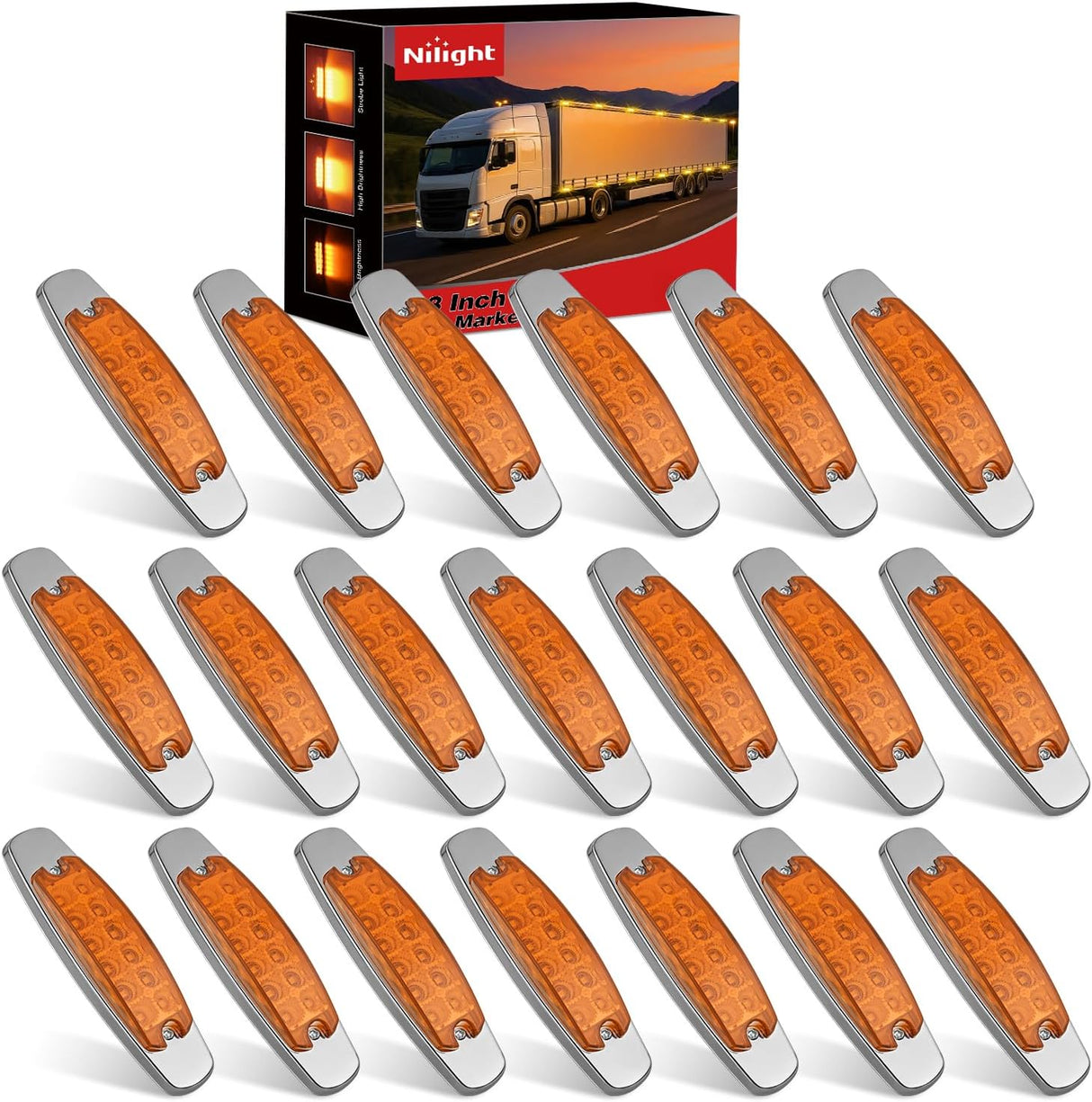 6.3 Inch Amber Rectangle Side Marker Light with High Low Strobe | 12 LED IP67 Waterproof Chrome Bezel 12V Surface Mount Marker & Clearance Light Fits Pickup Trucks Trailers RVs Boats,20 Pack