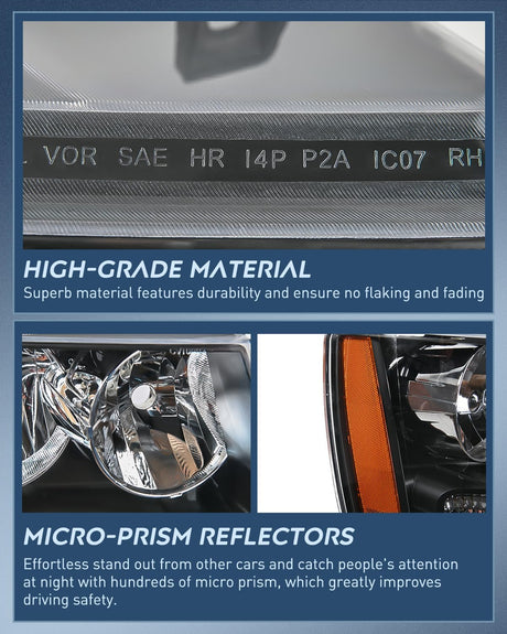 Headlight Assembly for 2007 2008 2009 2010 2011 2012 2013 2014 Chevy Avalanche Tahoe Suburban 1500 2500 Replacement Headlamp Bumper Lamp Set Black Housing Amber Reflector