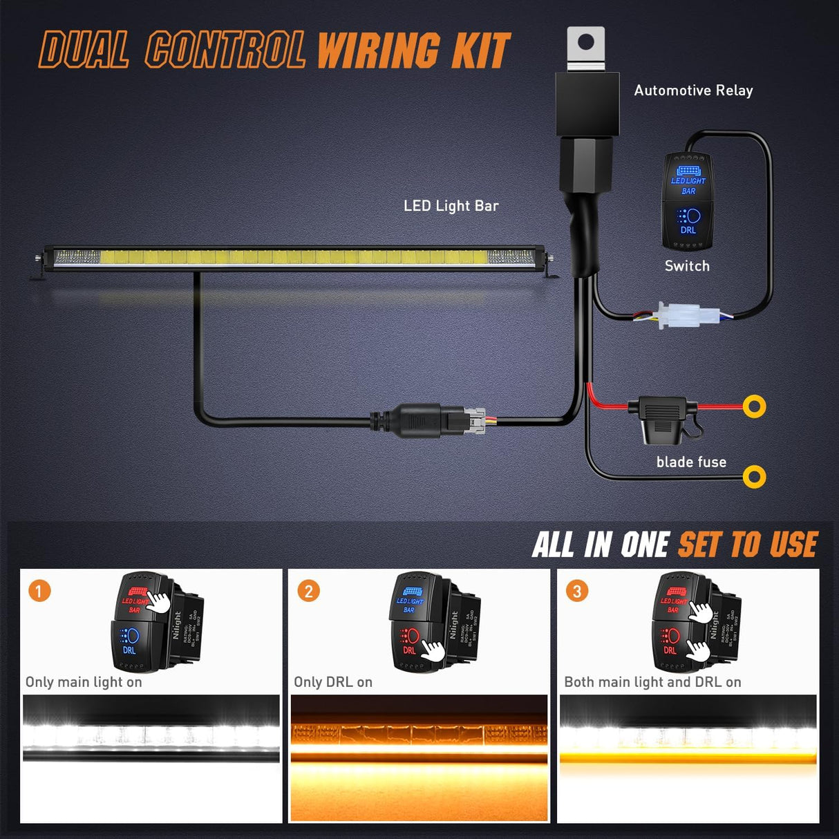 LED Light Bar with Amber DRL 40.3 Inch 165 W Single Row Anti-Glare Flood Spot Combo DRL Slim Offroad Light IP68 w/ 14 AWG DT Wiring Kit for Pickup Truck SUV ATV UTV Boat 4x4