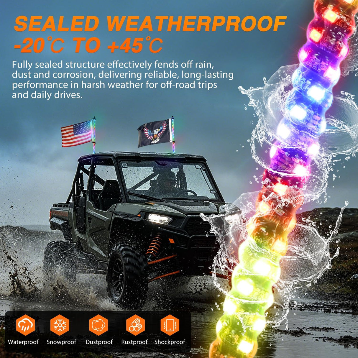 RGB LED Whip Light 2PCS 2FT Spiral Antenna Whips | APP and Remote Control with DIY Chasing Patterns Turn Signal Brake Reverse Functions and Spring Base for ATV UTV RZR and Jeep