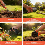 Gardening Tools 9-Piece Heavy Duty Garden Tool Set Gardening Supplies Gifts for Women Men Gardening Hand Tool Kit with Non-Slip Ergonomic Handle, Garden Bag, Durable Gloves and Shears, Orange