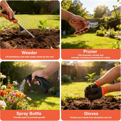 Gardening Tools 9-Piece Heavy Duty Garden Tool Set Gardening Supplies Gifts for Women Men Gardening Hand Tool Kit with Non-Slip Ergonomic Handle, Garden Bag, Durable Gloves and Shears, Orange