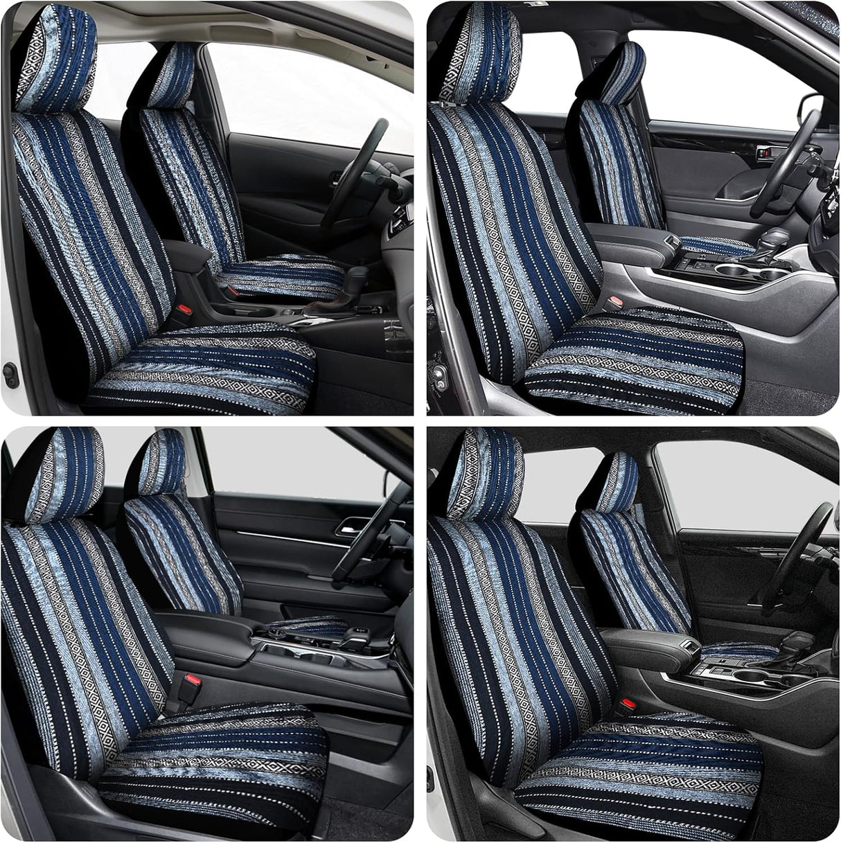 Car Seat Covers 2PCS Blue Baja Blanket Universal Front Seats | Striped Woven Fabric Breathable Washable with Shoulder Pads Airbag Compatible Fits Cars SUVs Trucks