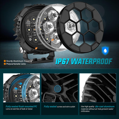 LED Pod Light 2 PCS 4.1 Inch 35 W 7 LED Round Hyper Spot Beam Offroad Driving Lights w/16 AWG Rocker Switch Wiring Harness Kit for Truck Motorbike Boat ATV UTV