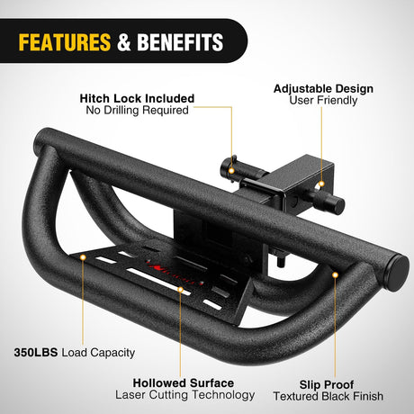 Universal Hitch Step Textured Black Drop Trailer Hitch Step Fit 2 Inch Receiver with Hitch Lock Stabilizer Towing Bar Rear Bumper Guard Rated up to 350 Lbs for Pickups Trucks Vans SUVs ATVs