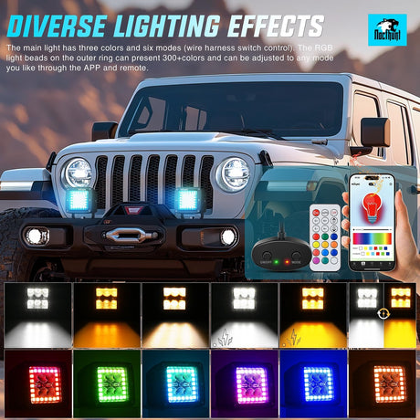 LED Pods 3 Inch 18W Cube Flood Offroad Work Light with RGB Halo Strip Multi Chasing Flash Strobe Mode APP & Remote Control IP67 Waterproof for Truck Pickup Golf Cart SUV ATV UTV 4x4 Van Camper