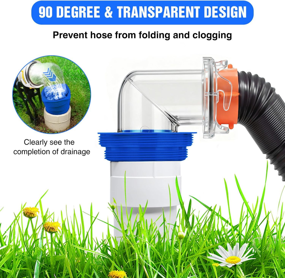 90 Degree RV Sewer Hose Fittings with 4-in-1 Adapter, Clear RV Sewer Hose Elbow Leak-Proof Connection & Odor-Tight Seal Fits 4 Sizes of Dump Station Inlets for Campers Travel Trailers, Blue
