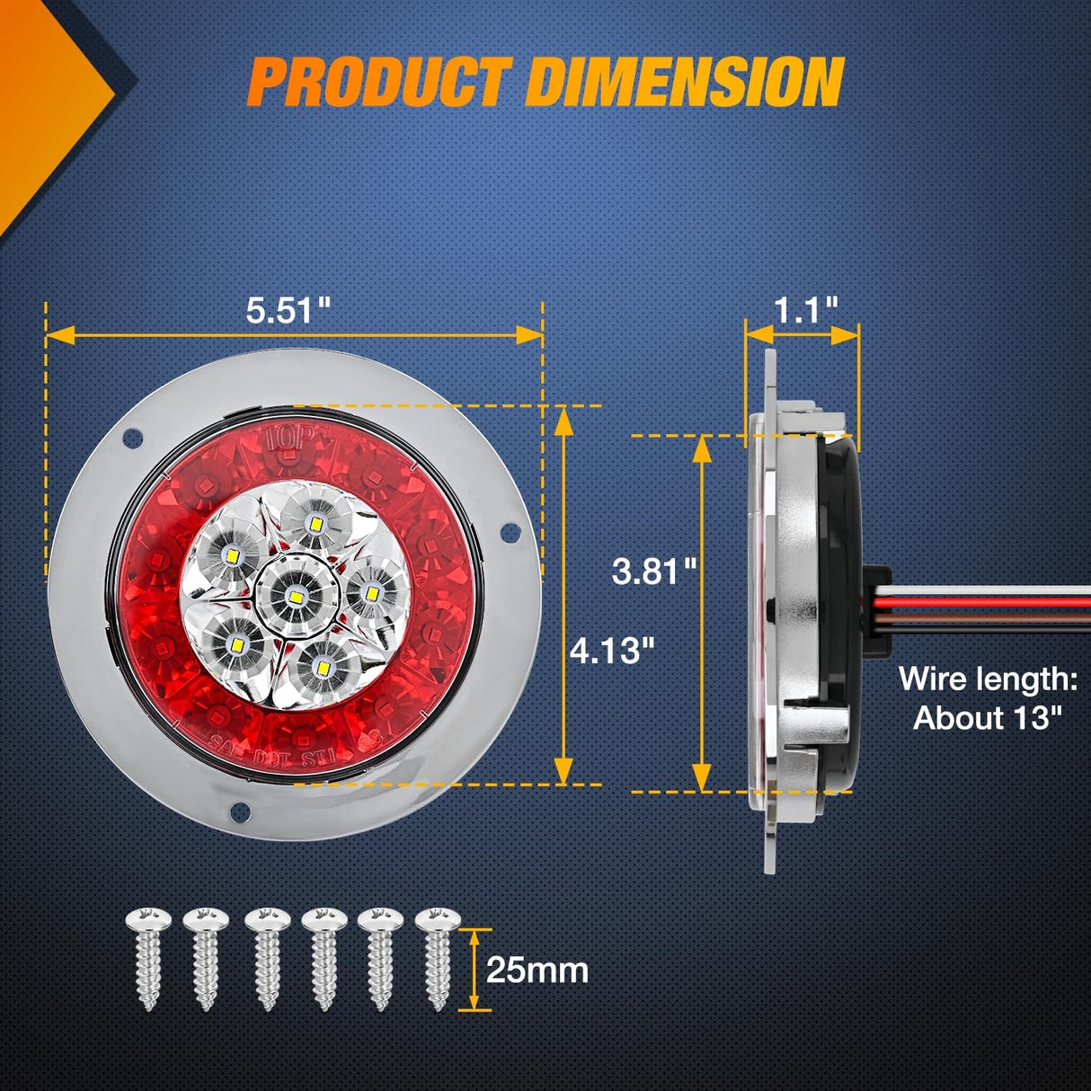 Trailer Tail Lights 2PCS 4Inch Round 16LED Red White Chrome | Frame Marker Clearance Stop Brake Reverse Backup Running Taillights IP67 Waterproof for Trailer Truck Pickup Camper RV
