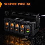 4 Gang Rocker Switch Box 12V SPST ON Off Toggle Switches PD Type C and QC 3.0 USB Sockcet Voltmeter LED Light Waterproof Aluminum Mount Bracket Panel DIY Stickers for Boat Car RV Truck