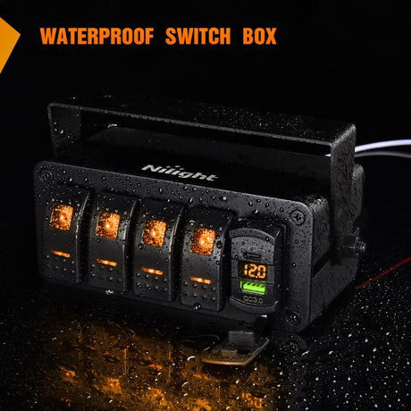 4 Gang Rocker Switch Box 12V SPST ON Off Toggle Switches PD Type C and QC 3.0 USB Sockcet Voltmeter LED Light Waterproof Aluminum Mount Bracket Panel DIY Stickers for Boat Car RV Truck