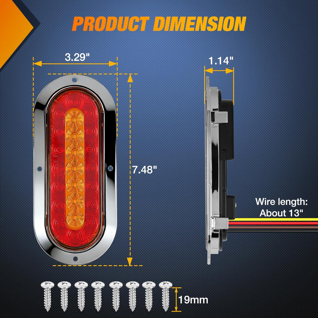 Trailer Tail Lights 2PCS 6Inch Oval 23LED Red Amber Chrome | Frame Marker Clearance Stop Brake Turn Signal Running Taillights IP67 Waterproof for Trailer Truck Pickup Camper RV