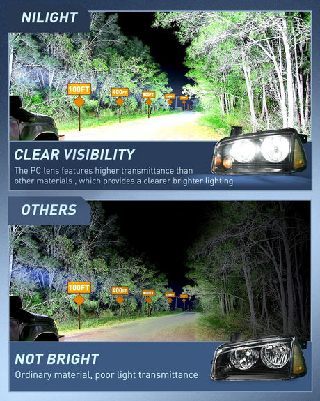 Headlight Assembly Compatible with 2006 2007 2008 2009 2010 Dodge Charger Black Housing Amber Reflector Clear Lens Headlights Replacement Bumper Lamp Set Driver and Passenger Side
