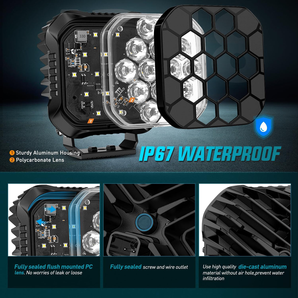LED Pod Light 2 PCS 4.4 Inch 70 W 14 LED Square Hyper Spot Beam Offroad Driving Lights w/14 AWG Rocker Switch Wiring Harness Kit for Truck Motorbike Boat ATV UTV