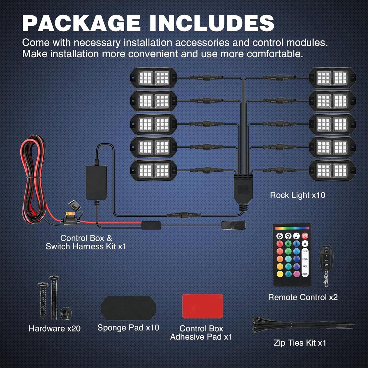 RGB Rock Lights RGB LED Rock Lights Kit 10 PCS 18LED Wide Angle Wheel Well Light with Remote & Bluetooth App Dual Control Multi Modes Underglow Multicolor Neon Pod for ATV UTV SUV Offroad Truck RZR Boat