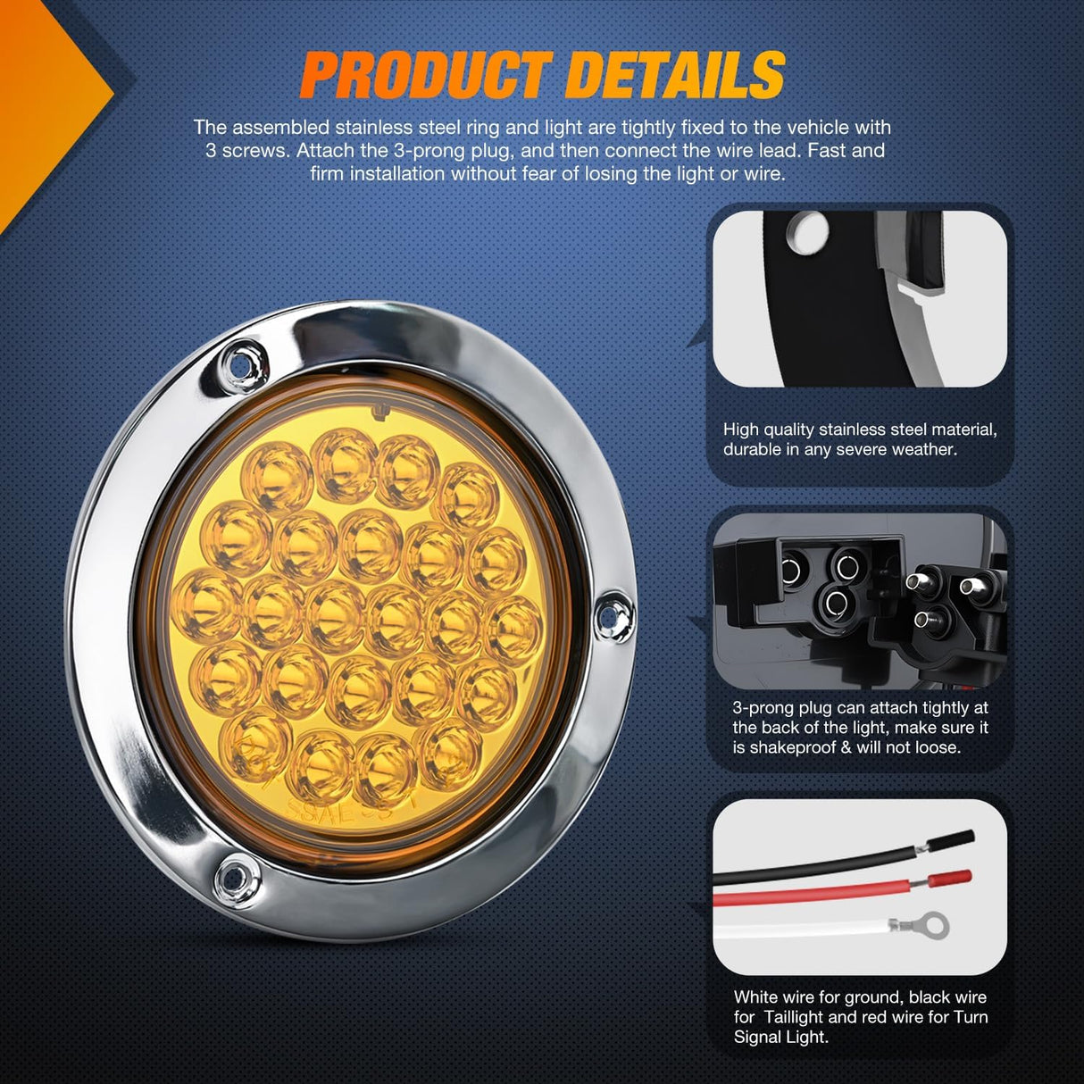 4Inch Round Tail Lights 2PCS Amber 24LED Chrome Bezel | Waterproof Running Turn Signal Lights Stainless Steel Trim for Trucks Trailers RVs Lorries Boats Tractors