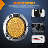 4Inch Round Tail Lights 2PCS Amber 24LED Chrome Bezel | Waterproof Running Turn Signal Lights Stainless Steel Trim for Trucks Trailers RVs Lorries Boats Tractors