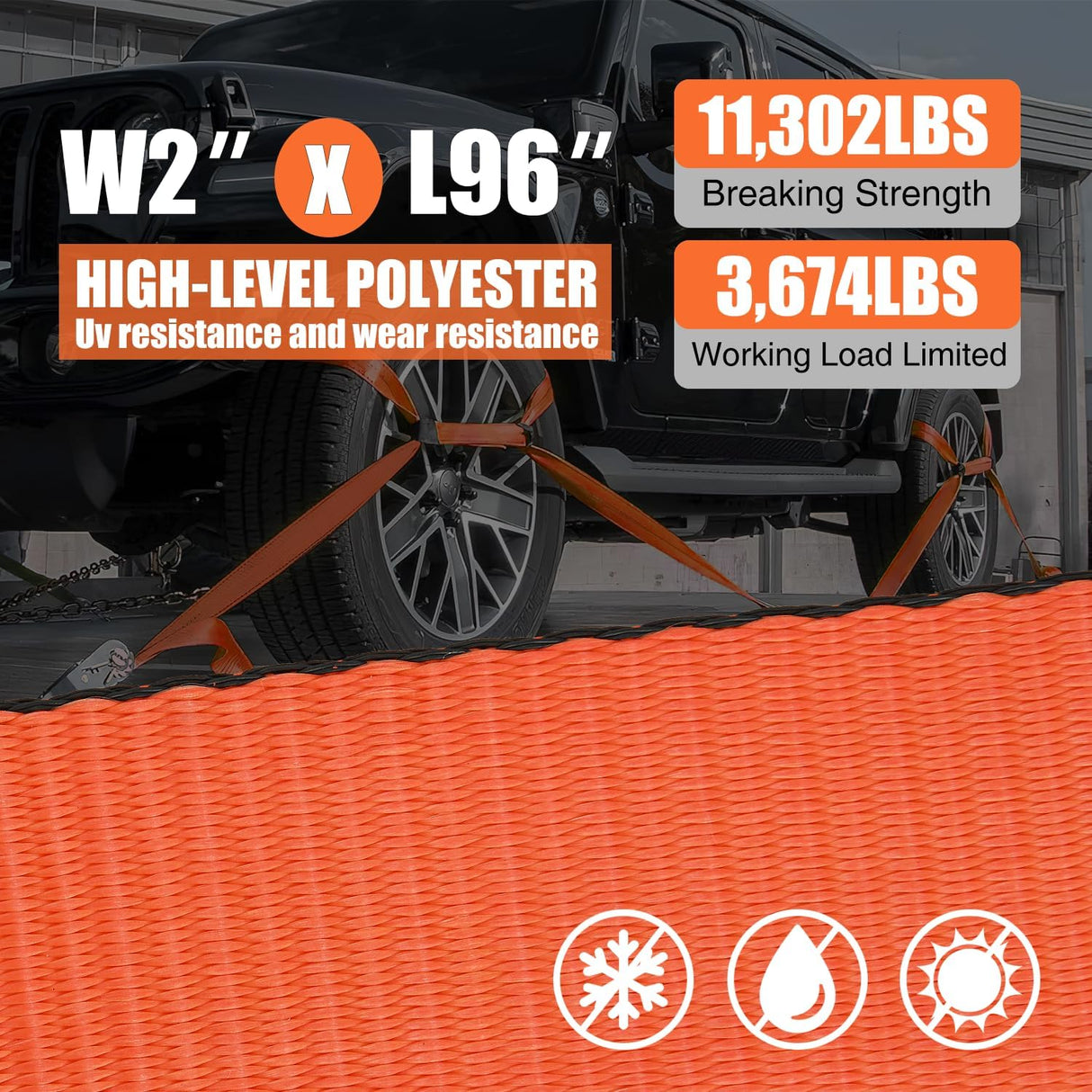 Car Tie Down Straps with Chain Hook Anchors 4 Pack Adjustable Wheel Straps 2 Inch x 96 Inch Lasso Style 3,674 lbs Safe Working Load Comes with Bag for Truck Cars UTV Orange