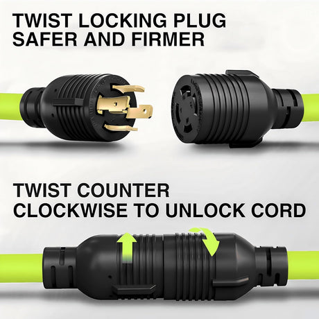 25FT 30Amp Generator Extension Cord 125V Heavy Duty 10/3 Gauge Pure Copper STW Wire UL ETL Listed 4 Prong L14-30P L14-30R Weatherproof Suit for Camper Outdoor Use Bright Green