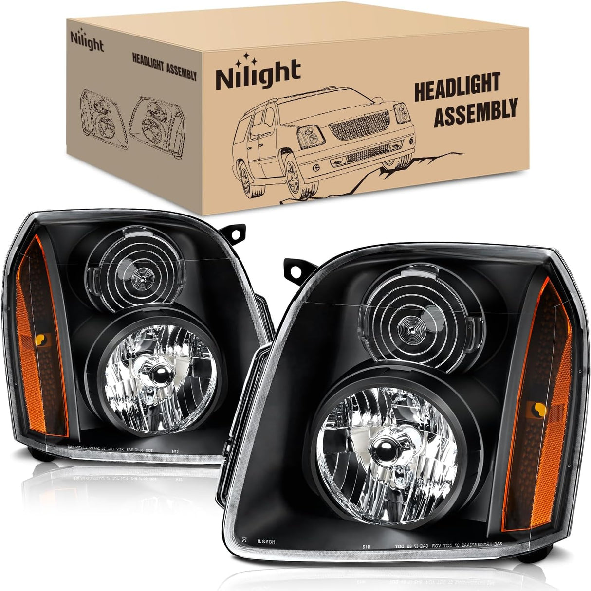 Headlight Assembly Compatible with 2007 2008 2009 2010 2011 2012 2013 2014 GMC Yukon Halogen Type Factory OE Style Replacement Black Housing Amber Reflector Passenger and Driver Side