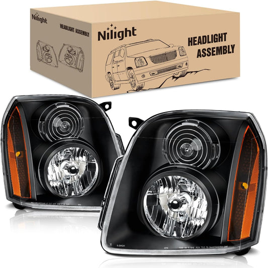 Headlight Assembly Compatible with 2007 2008 2009 2010 2011 2012 2013 2014 GMC Yukon Halogen Type Factory OE Style Replacement Black Housing Amber Reflector Passenger and Driver Side