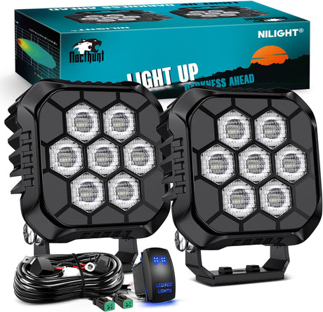 LED Pod Light 2 PCS 3.8 Inch 45 W 9 LED Square Hyper Flood Beam Offroad Driving Lights w/16 AWG Rocker Switch Wiring Harness Kit for Truck Motorbike Boat ATV UTV