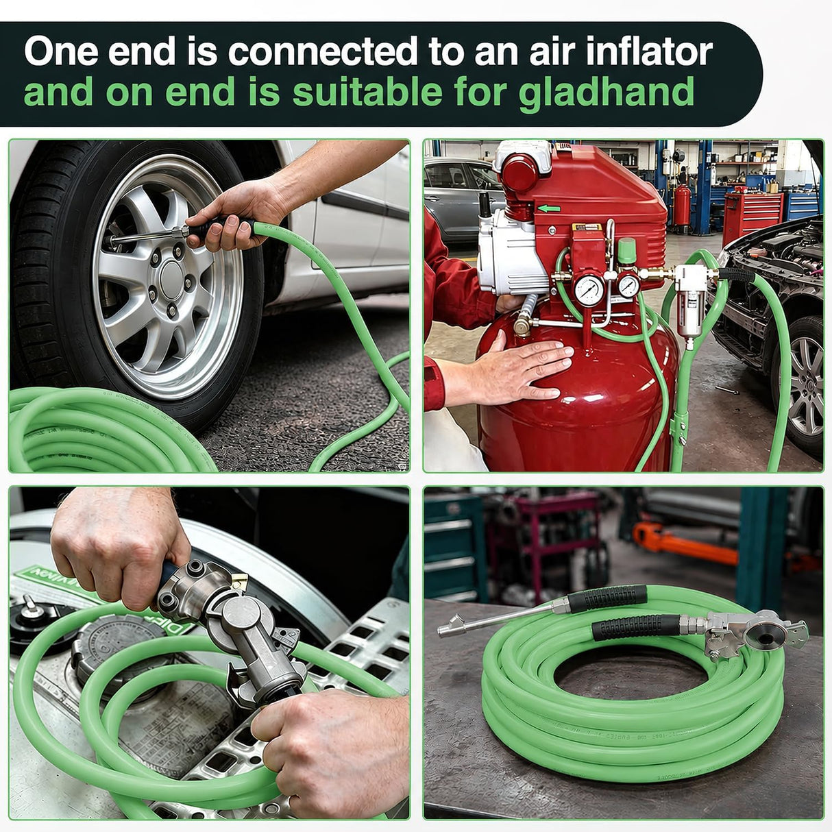 Heavy Duty Truck Tire Inflator Kit 3/8 in x 50 FT 300 PSI | Hybrid Air Hose with Universal Glad Hand and Air Chuck Lightweight Kink Resistant Semi Trailer Tractor Tire Inflation Hose