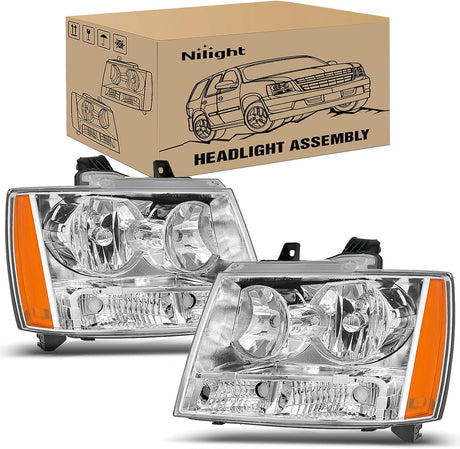 Headlight Assembly for 2007 2008 2009 2010 2011 2012 2013 2014 Chevy Avalanche Tahoe Suburban 1500 2500 Replacement Headlamp Bumper Lamp Set Chrome Housing Amber Reflector