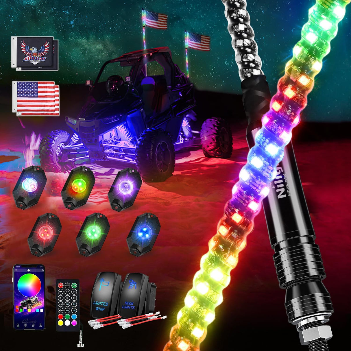 RGB LED Whip Light 2PCS 3FT with 6 Rock Lights Combo | APP and Remote Control with DIY Chasing Patterns Stop Turn Reverse Modes and Spring Base for ATV UTV RZR and Jeep