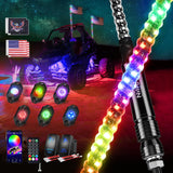 RGB LED Whip Light 2PCS 3FT with 6 Rock Lights Combo | APP and Remote Control with DIY Chasing Patterns Stop Turn Reverse Modes and Spring Base for ATV UTV RZR and Jeep
