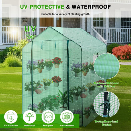 Greenhouse 57.5 Inchx57 Inchx77 Inch Walk in Green House - Large Outdoor/Indoor Greenhouses with 8 Shelves Waterproof PE Cover & Windows, Portable Greenhouse Kit for Winter Backyard Gardening Patio, Green