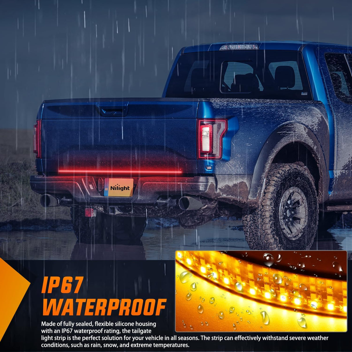 Truck Tailgate Light Strip 48 Inch Quad Row 528 LED Strip with Red Running Brake Lights White Reverse Lamp Amber Turn Signals Lights