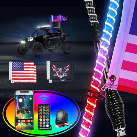 LED Whip Light 2 PCS 3FT COB RGB Lighted Antenna Whips with Spring Base Remote & App Control DIY Patterns Turn Brake Reverse Lights for Can-am Offroad ATV UTV RZR Polaris Dune Buggy Truck